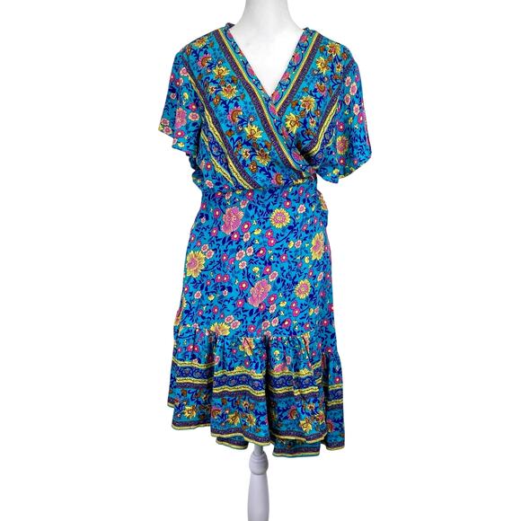 ZESICA Boho Chic Floral Mini Wrap Dress Womens Sz L Turquoise Blue Spring Summer - Picture 1 of 9